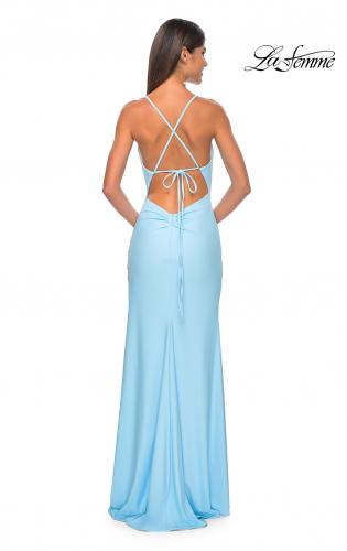 Picture of: Rhinestone Rose Detail Jersey Dress with Draped Neckline in Cloud Blue, Style: 31574, Detail Picture 7