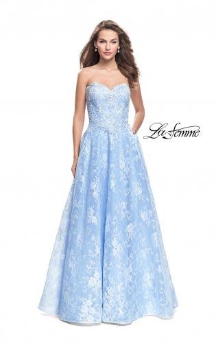 Picture of: Long Strapless Lace Ball Gown with Beading and Pockets in Cloud Blue, Style: 26338, Main Picture