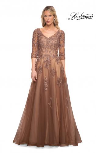Picture of: A-line Tulle Gown with Floral Lace Detail and V-Neck in Cocoa, Style: 27908, Main Picture