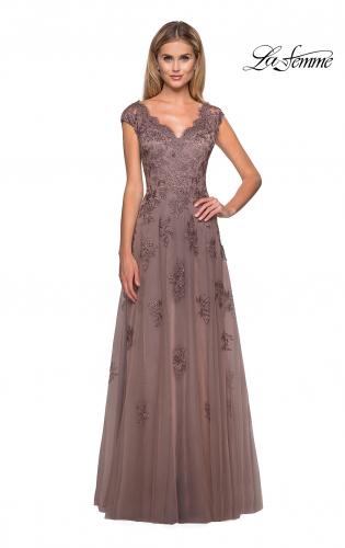 Picture of: Short Sleeve Lace Gown with Cascading Embellishments in Cocoa, Style: 26942, Main Picture