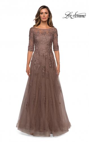 Picture of: Lace and Tulle A-line Gown with Three Quarter Sleeves in Cocoa, Style: 28036, Main Picture