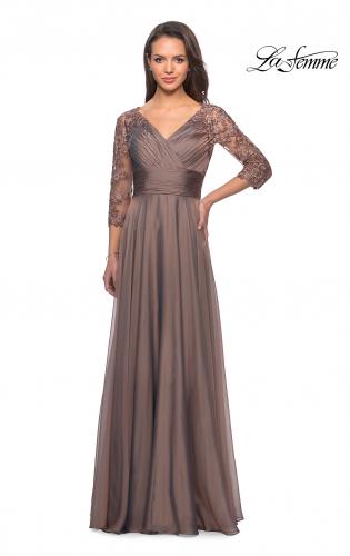 Picture of: Floor Length Chiffon Dress with Lace Sleeves in Cocoa, Style: 27153, Detail Picture 9