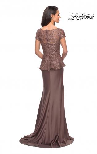 Picture of: Long Satin Dress with Lace Peplum Style Bodice in Cocoa, Style: 25887, Back Picture