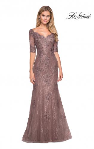 Picture of: Floor Length Lace Dress with Rhinestone Accents in Cocoa, Style: 26943, Detail Picture 1
