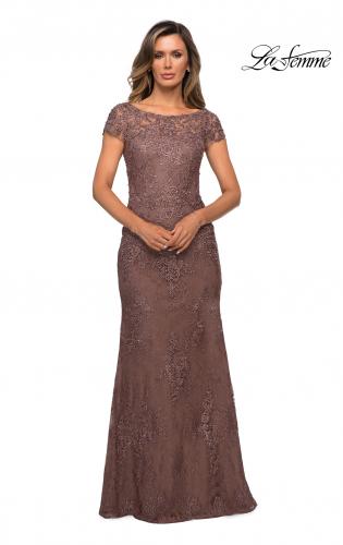 Picture of: Long Lace Evening Dress with Sheer Cap Sleeves in Cocoa, Style: 27856, Detail Picture 1