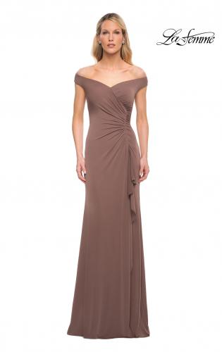 Picture of: Off the Shoulder Ruched Jersey Gown in Cocoa, Detail Picture 1