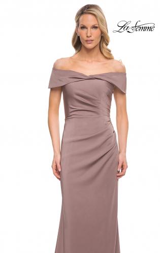 Picture of: Off the Shoulder Fitted Satin Long Gown in Brown, Style: 30397, Detail Picture 1