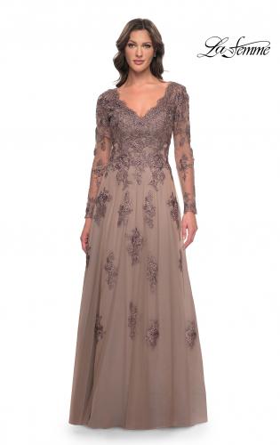 Picture of: Long Sleeve Lace and Tulle Dress with V Neckline in Cocoa, Style: 30795, Detail Picture 3