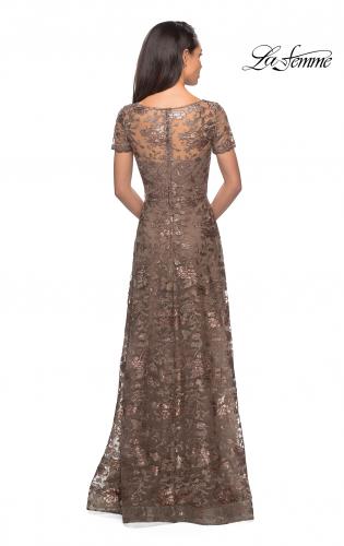 Picture of: Short Sleeve Long Sequin Dress with Sheer Neckline in Cocoa, Style: 27839, Detail Picture 4
