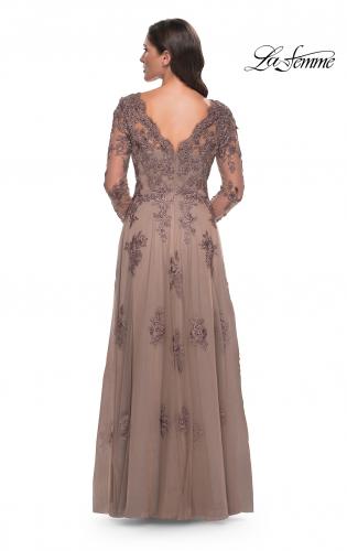 Picture of: Long Sleeve Lace and Tulle Dress with V Neckline in Cocoa, Style: 30795, Detail Picture 4