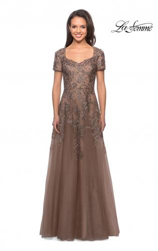 Picture of: A-line Lace and Tulle Evening Dress with Beading in Cocoa, Style: 28037, Detail Picture 5