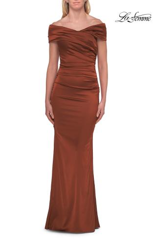 Picture of: Off-the-Shoulder Ruched Satin Evening Gown in Copper, Style: 33620, Detail Picture 9