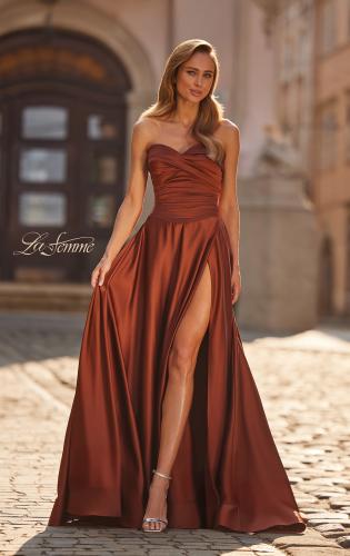 Picture of: Strapless Satin A-Line Gown with Draped Bodice and High Slit in Copper, Style: 33417, Main Picture