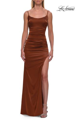 Picture of: Satin Fitted Gown with High Slit and Adjustable Spaghetti Straps in Copper, Style: 33413, Detail Picture 18
