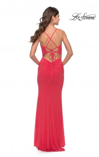 Picture of: Net Jersey Gown with Jeweled Detail in Deep V Neckline in Neon in Coral, Style: 31424, Back Picture