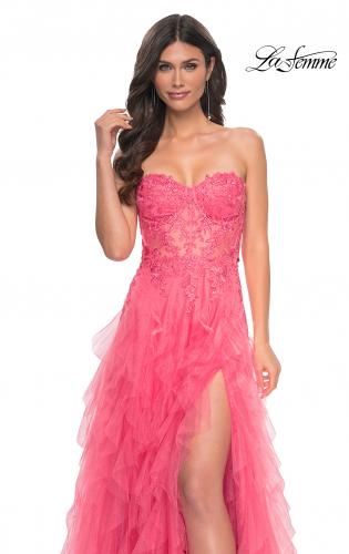 Picture of: A-Line Ruffle Tulle Prom Dress with Lace Bustier Bodice in Orange, Style: 32286, Detail Picture 1