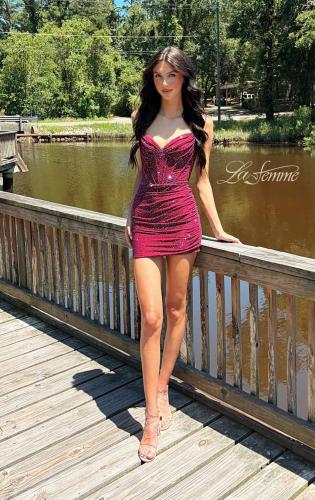 Picture of: Sparkling Ruched Bodycon Mini Dress in Dark Berry, Style: 33235, Detail Picture 5