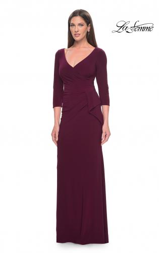 Picture of: Three Quarter Sleeve Jersey Evening Dress with Ruffle Detail in Dark Berry, Style: 30967, Main Picture