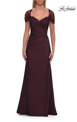 Picture of: Embroidered Lace Sleeve Gown with Keyhole Back in Dark Berry, Style: 33579, Main Picture