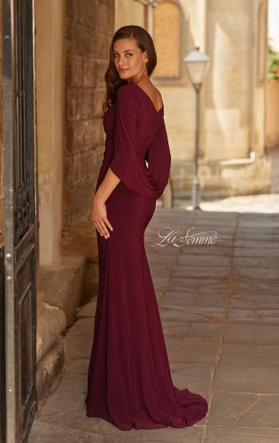 Picture of: Draped Cape Sleeve Jersey Gown with Ruched Bodice in Dark Berry, Style: 33148, Back Picture