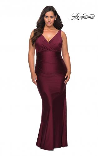 Picture of: Simple Jersey Plus Size Gown with Faux Wrap Bodice in Burgundy, Style: 29028, Main Picture