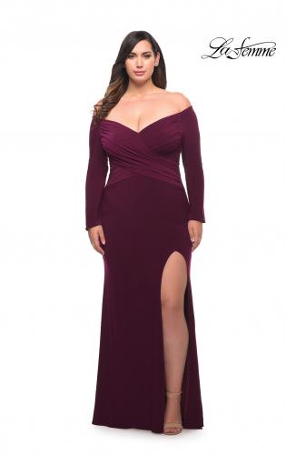 Picture of: Long Sleeve Off the Shoulder Plus Size Gown in Dark Berry, Style: 29530, Main Picture