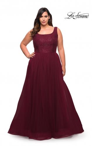 Picture of: A-line Tulle and Lace Plus Size Gown with Slit in Dark Berry, Style: 29070, Detail Picture 1