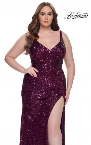 Picture of: Sequin Plus Size Dress with Ruching and Slit in Dark Berry, Style: 31138, Detail Picture 1