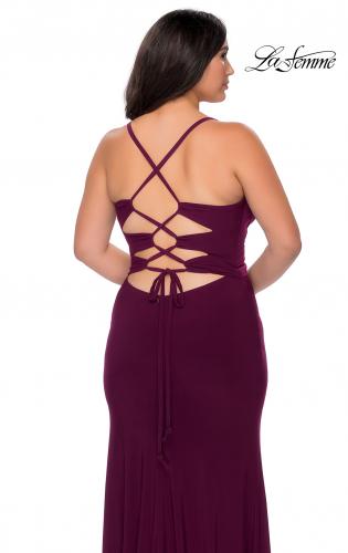 Picture of: Jersey Plus Size Dress with Slit and Lace Up Back in Burgundy, Style: 29055, Detail Picture 3