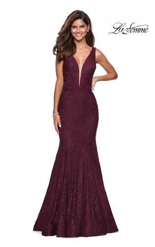 Picture of: Stretch Lace Prom Dress with Plunging Neckline in Burgundy, Style: 27464, Main Picture