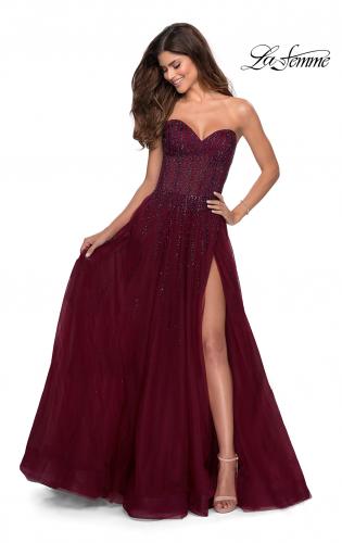 strapless maroon prom dress