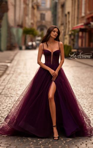 Picture of: Tulle Prom Dress with A-Line Skirt and Ruched Corset Top in Dark Berry, Style 32700, Main Picture