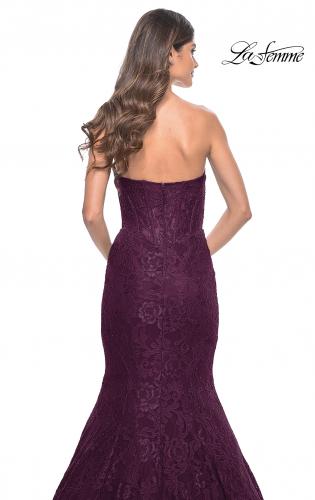 Picture of: Mermaid Stretch Lace Dress with Bustier Top and Sheer Back in Dark Berry, Style: 32249, Detail Picture 8