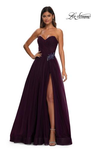 Picture of: Strapless A-line Tulle Dress with Floral Waist Detail in Dark Berry, Style: 32789, Detail Picture 8