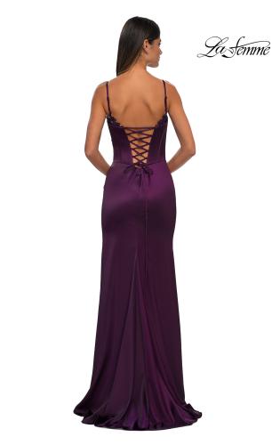 Picture of: Fitted Satin Gown with Exposed Boning and Lace Detail Neckline in Dark Berry, Style: 32955, Detail Picture 8