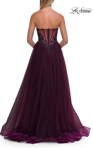 Picture of: Strapless Lace Corset Tulle Gown with Slit in Dark Berry, Style: 33363, Detail Picture 8