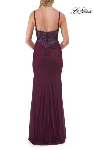 Picture of: Ruched Jersey Gown with Beaded Bodice and High Slit in Dark Berry, Style: 33665, Detail Picture 8