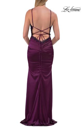 Picture of: Halter Satin Gown with Beaded Lace Trim and Open Back in Dark Berry, Style: 33735, Detail Picture 8