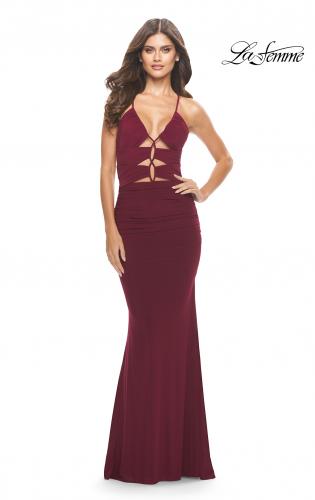 Picture of: Unique Cut Out Net Jersey Prom Dress in Dark Berry, Style: 31334, Detail Picture 9