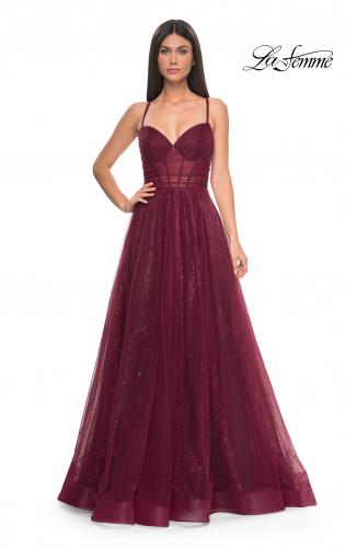 Picture of: A-Line Prom Dress with Sequin Lining and Illusion Top in Dark Berry, Style: 31986, Detail Picture 9