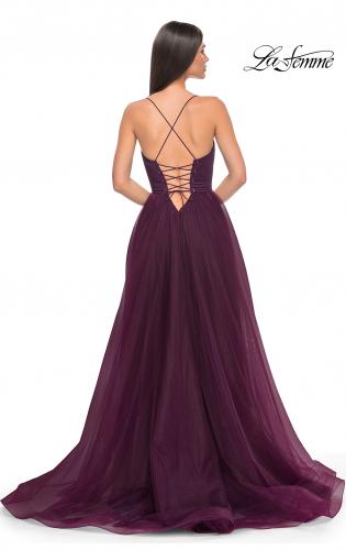 Picture of: Tulle A-Line Gown with Satin Bustier Top in Dark Berry, Style: 32065, Detail Picture 9