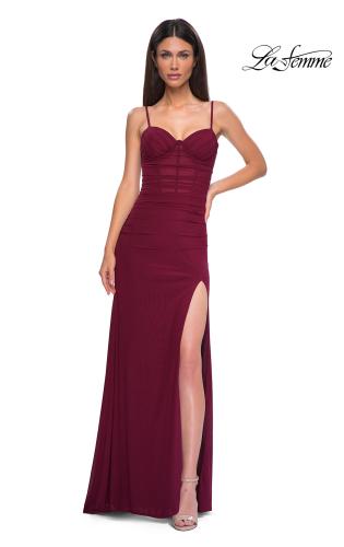 Picture of: Net Jersey Simple Prom Dress with Ruching and Corset Top in Dark Berry, Style 32925, Detail Picture 9