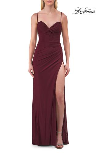 Picture of: Ruched Jersey Gown with Lace-Up Back and High Slit in Dark Berry, Style: 33298, Detail Picture 9