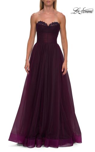 Picture of: Strapless Lace Corset Tulle Gown with Slit in Dark Berry, Style: 33363, Detail Picture 9