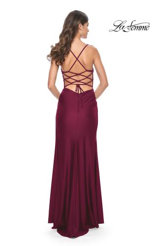 Picture of: Jersey Dress with Ruched Waist and Lace Up Back in Dark Berry, Style: 31987, Detail Picture 10