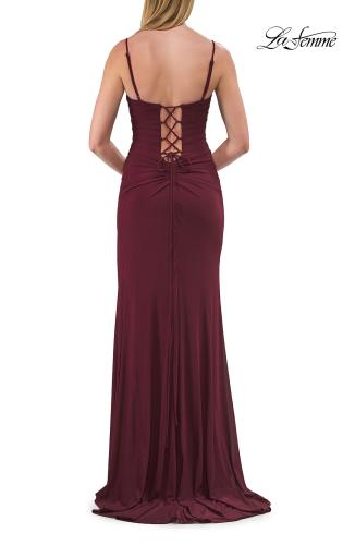 Picture of: Ruched Jersey Gown with Lace-Up Back and High Slit in Dark Berry, Style: 33298, Detail Picture 10
