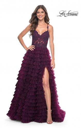 Picture of: Ruffle Tulle Prom Gown with Illusion Lace Bodice and High Slit in Dark Berry, Style: 32128, Detail Picture 12