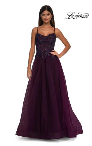 Picture of: Lace and Tulle A-line Prom Dress with High Slit in Dark Berry, Style: 32646, Detail Picture 14