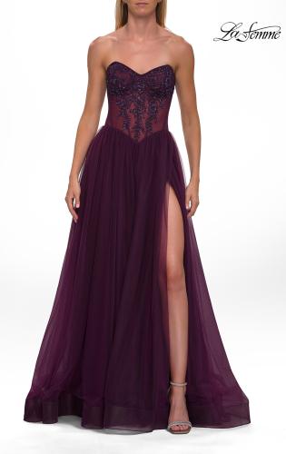 Picture of: Strapless Corset Gown with Tulle Skirt and High Slit in Dark Berry, Style: 33491, Detail Picture 14