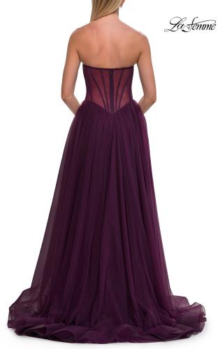 Picture of: Strapless Corset Gown with Tulle Skirt and High Slit in Dark Berry, Style: 33491, Detail Picture 15